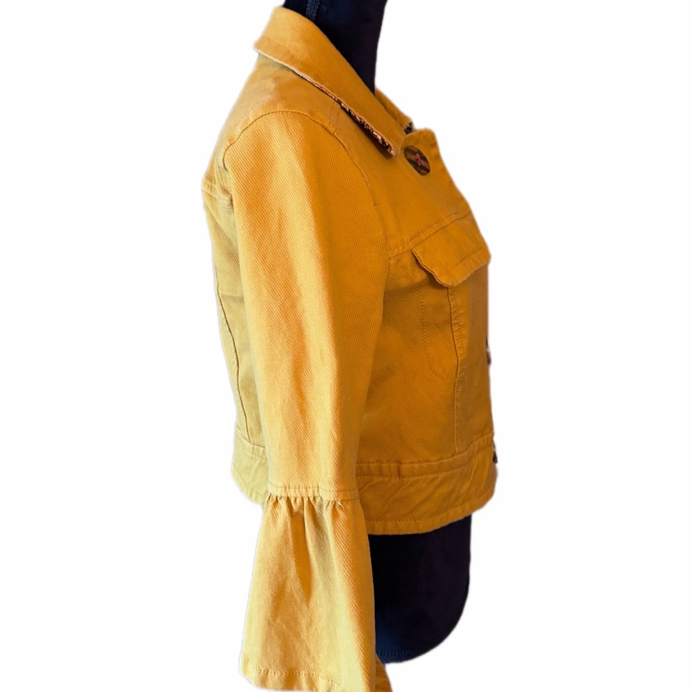 Anthropologie Nora Flounce-Sleeved Trucker Jacket Mustard Yellow M Bell Sleeve - Picture 2 of 10